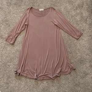 Light brown flowy dress, half length to 3/4 length sleeves, plain
